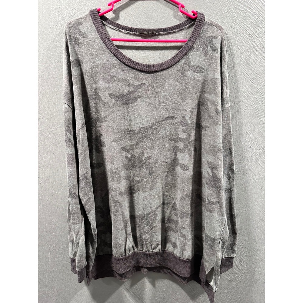 Jodifl Camo Print Long Sleeve Knit Top Grey Olive Oversized Scoop Neck